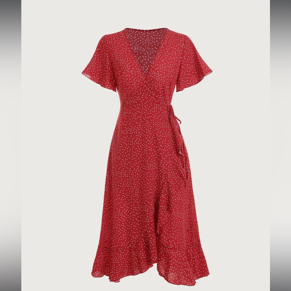 Polka Dot Ruffle Wrap Dress in red